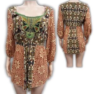 Live and Let Live Boho Embroidered Smocked Beaded Tunic Top Peasant L Yellow Red